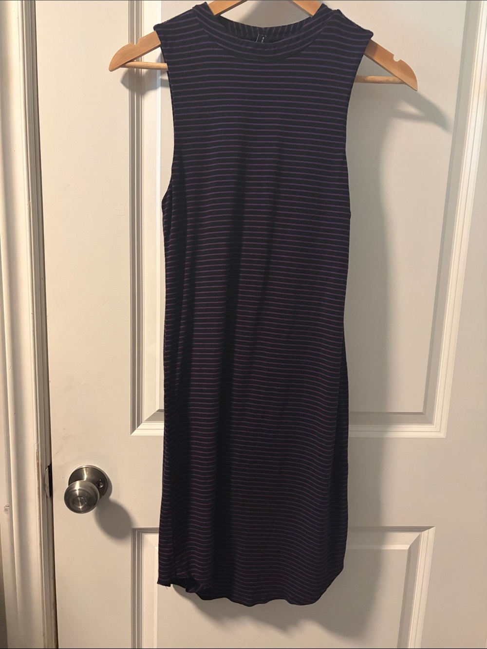 Gentle Fawn Navy Sleeveless Midi Dress with Purple Stripes